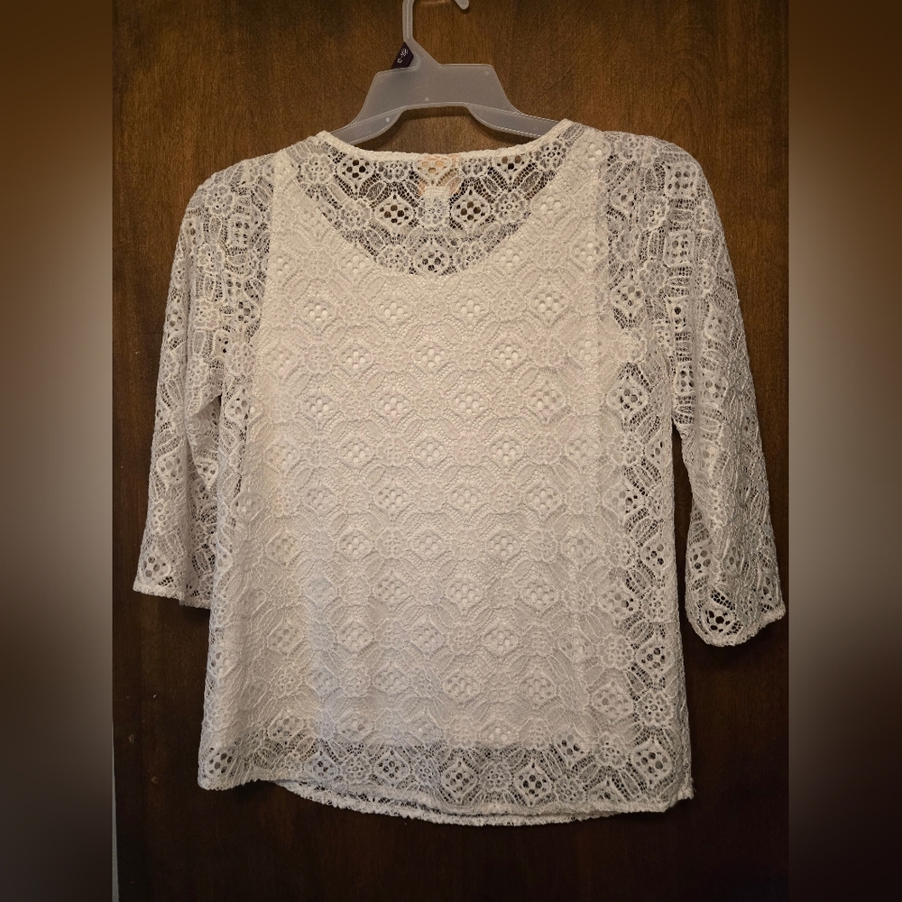 Ruby Rd. White Lace Layered Top PTP=17" - Picture 3 of 5